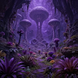 Ancient Alien Landscape, purple color, mysterious plant life, lush, vibrant