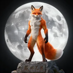 male anthro anthropomorphic human like fox demon monument stands on the moon,