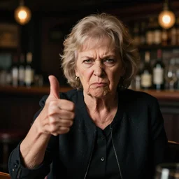 an angry old lady giving a thumbs up. dimly lit bar background. editorial photography