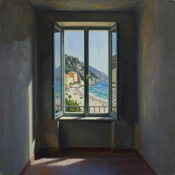 impasto relief painting of a large window in a dark corridor, through which is seen a beautiful italian beach scene, claire tabouret
