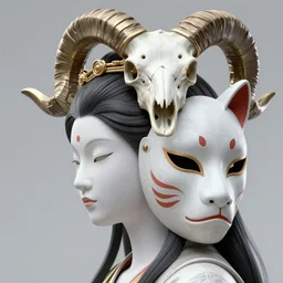 3 d goddess close - up profile portrait with crown, ram skull. beautiful intricately detailed japanese crow kitsune mask and clasical japanese kimono. betta fish, jellyfish pheonix, bio luminescent, plasma, ice, water, wind, creature, artwork by tooth wu and wlop and beeple and greg rutkowski