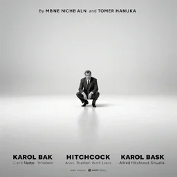 poster artwork by Michael Whelan and Tomer Hanuka, Karol Bak of Alfred Hitchcock squatting crouched in the middle of a large empty room, no people, deserted, from scene from Twin Peaks, clean