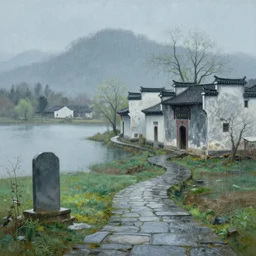 a gorgeous bleak spring landscape painting by barlowe wayne maxfield parrish and marco mazzoni. rainy mood. traditional huizhou architecture. just one chinese tombstone. grey blue and very little light verdancy. wet winding stone steps. ultra clear detailed. 3 d, octane render. turbulent blood lake. fog, 8 k