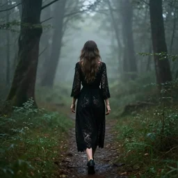 woman with long hair, black lace dress, walking through a misty forest, back view, rain, by serge marshennikov, joseph todorovitch, jeremy lipking, waterhouse