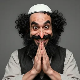 a happy merchant jew wearing kippah!!!, rubbing hands!!!, evil, tricky, black curly beard, black curly hair, black eyes, hooked nose, by greg rutkowski, artstation, by artgerm, by wlop