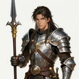 A realistic anime portrait of a young handsome male barbarian with long wild hair, intricate fantasy spear, plated armor, D&D, dungeons and dragons, tabletop role playing game, rpg, jrpg, digital painting, by Ayami Kojima and Yusuke Murata, digtial painting, trending on ArtStation, SFW version