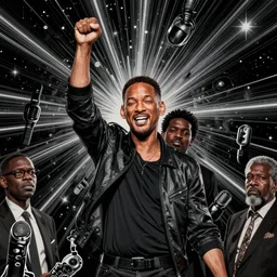 will smith slapping chris rock, by dan mumford and ross tran, cosmic, terrifying, demon rays, intricate detail, cinematic, 8 k, cel shaded, unreal engine, featured on artstation, pixiv