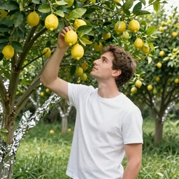 man in white tshirt stealing lemons from a lemon tree, surrounded by foilage and grass, sunlit, 90s, mobile phone camera