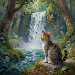 painting of one kitten in the enchanted forest standing on the steps and watching the waterfall, fantasy, intricate, extremely detailed, matte, featured in artstation, art by louis wain, greg rutkowski