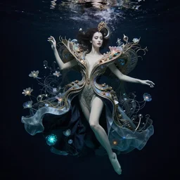 underwater fashion photography of absurdly beautiful, graceful, elegant, sophisticated, fashionable model in style of zena holloway, intricate and ornate alien technology, bioluminescence, bloom, dim rim lighting