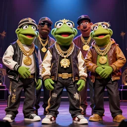 the muppets are are gangsta rappers on stage at a concert, dressed in ornate hip hop clothing and wearing gold necklaces and bling, intricate, highly detailed, digital painting, artstation, symmetrical, concept art, smooth, sharp focus, illustration, unreal engine 5, 8 k, art by artgerm and greg rutkowski and alphonse mucha