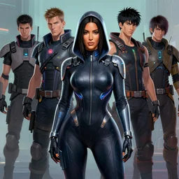 kim kardashian in a futuristic leotard with hood, cyberpunk 2 0 7 7 character by stanley artgerm lau, wlop, rossdraws, james jean, andrei riabovitchev, marc simonetti, yoshitaka amano, artstation, cgsociety