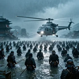cinestill 5 0 d epic photographic environment by steven spielberg of large scale samurai battle in treacherous waters, flooded city, wide shot, moody emotional cinematic, pouring iridescent rain bright spotlight helicopter, 8 k, hd, high resolution, 3 5 mm, f / 3 2, ultra realistic faces,