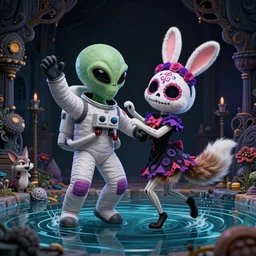 evil alien astronaut stalker, a cute fluffy dia de los muertos bunny, her friend the cunning coyote, gleefully dance in a pool of water. dark dance photography, intricate detailed 8 k environment, james jean, nisachar art, mateo dineen, alessandro bavari
