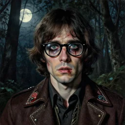 a beautiful but sinister man in layers of fear, with haunted eyes and glasses, 1 9 7 0 s, seventies, woodland, a little blood, moonlight showing injuries, delicate embellishments, painterly, offset printing technique, by brom, robert henri, walter popp