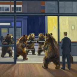 painting, view from inside edward hopper's painting nighthawks, of a group of werebears robbing a bank, by magrirre, by neo rauch
