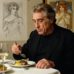 robert de niro eating dinner, character sheet, character design, contrast, deep focus, turnaround, highly detailed, dramatic lighting, digital painting, artstation, concept art, matte, sharp focus, illustration, elegant, art by artgerm and greg f and alphonse mucha.
