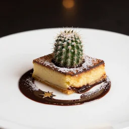a fine dining dessert plate of cake, spiky cactus and chocolate sauce, sugar sprinkled, food photography, michelin star, fine dining, bokeh