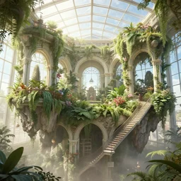 victorian hanging gardens on the bottom of a cliff, archways, large glass ceilings, staircases, light dust, by peter mohrbacher dan mumford craig mullins nekro, cgsociety, pixiv, volumetric light, 3 d render