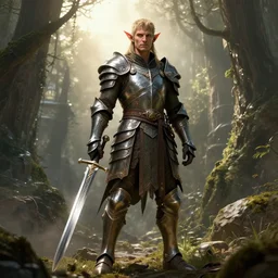 standing elf with armor of rivendel and a curve long sword in full body and detailed face, epic masterpiece of cinematographic hyperrealism, realistic shaded lighting poster by craig mallismo, artgerm, jeremy lipkin and michael garmash, unreal engine, radiant light, detailed and intricate environment, digital art, art station trends