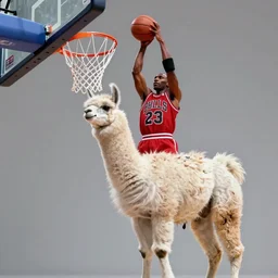 llama in a jersey dunking a basketball like michael jordan, shot from below, tilted frame, 3 5 °, dutch angle, extreme long shot, high detail, dramatic backlighting, epic, digital art