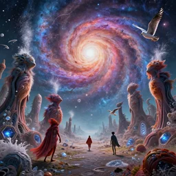 strange creatures wandering The Grove!!!!, And the flung spray and the blown spume and the seagulls crying!!!!, An Odyssey Beyond Reality, cinematic, hyper realism, high detail, octane render, unreal engine, 8k, vibrant color, from the spirals of galaxies to the hexagonal shapes of snow crystals!!, a desolate alien world full of rich colors!!!, unique architecture!, by andrea chiampo and chet zar