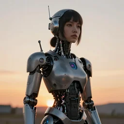 beautiful Fine art photography of a solarpunk half robot half human girl with real human face, medium shot, highly detailed, photorealism, sunset lighting 8k