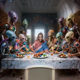 !13 diverse aliens on !one_side of a !marble table, eating luxurios food !!posing_as_last_supper cinematic lighting, their clothes are high tech suits, intricate cables adorne their bodies and heads, neon, detailed implants, satin, crystal, liquid, surreal, floating, !!highly detalied, 8k, artstation, by Rolf Armstrong