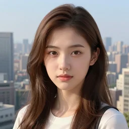 a beautiful, brown haired, young girl, standing in front of a huge city, close up, realistic, hyperdetailed, artstation, 8 k