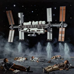 space station full of stars, cassette futurism, existential horror, people sleeping, ghosts, atmospheric haze, film. illustration by edward hopper, norman rockwell. film still, 1 6 mm cinematography