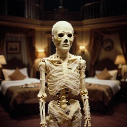 photoreal cinematography of photo real old mumified flapper's skeleton wearing dyke richards theatre mask from stanley kubrick's film the shining, inside the elstree studios soundstage set for the overlook hotel guest rooms shot on 3 5 mm eastman 5 2 4 7 film by the shining cinematographer john alcott shot on a cooke panchro 6 5 mm lens