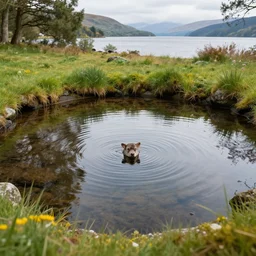 a small clear water pond in beautiful nature, with loch ness who barely fits in the water, looking confused