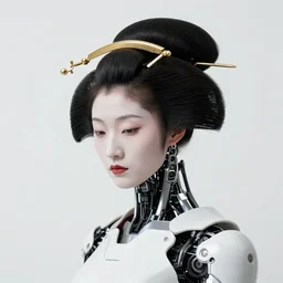 fine art portrait head shot minimal fashion geisha cyborg mech by ilm and bill sienkiewicz and emmanuel shiu, zaha hadid, simplified neo - futuristic tactical, posed feminine, studio, mamiya 6 5 mm photograph, iso 4 0 0, f / 5. 6, hyperrealism, studio lighting, high detail, sharp focus, trending artstation, cgsociety