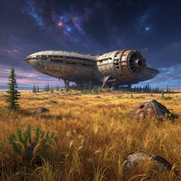 rustic yet enormous overgrown hyperborean arid grassland with a giant slavic pagan spaceship's remains, by Mark Keathley and Iblard Jikan, with vivid palette by James Gurney, inspired by hyperboreawave, mysterious, eeriewave, hyperdetailed, dramatic camera angle with focus on infinity, octane render 8k, 4k, HDR, rtx on, unreal engine, lots of space