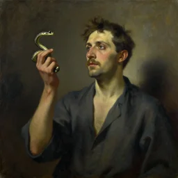 a man infused with a snake : : portrait : : oil painting : : light from above with shadows cast respective to lighting, dull colors, dark background, in the style of 1 9 3 0's