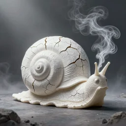 a realistic digital painting of a stunning intricate cracked white sculpture of a little snail sculpture trailing white vapor mycelium stands and misty
