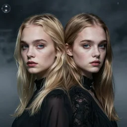 modeling photograph sophie turner kerli koiv, blonde, beautiful, dark, mysterious, bubble goth, detailed symmetrical face, half body shot, fog dramatic, teen