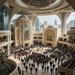 highly detailed photograph of the crowded interior the new grand synagogue in the futuristic scifi city of tzfat.
