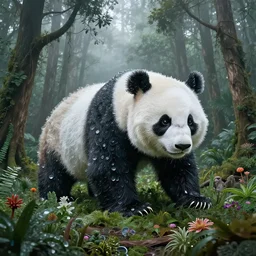 gigantic panda with a lot of glass details, a lot of exotic vegetation, trees, flowers, dull colors, in the foggy huge forest, by moebius, junji ito, tristan eaton, victo ngai, artgerm, rhads, ross draws, hyperrealism,
