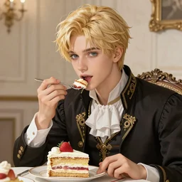 Portrait of a Delicate blond male prince Lucius eating the most delicious cake in the world, 4k digital illustration by Artgerm, wlop, James Jean, Andrei Riabovitchev, Marc Simonetti, yoshitaka Amano, Artstation, CGsociety