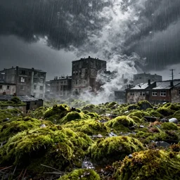 An empty city, moss, smoke, rain, by greg rutkowski