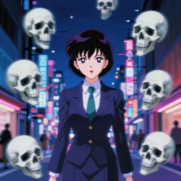 blurry and dreamy screencap of a character from 8 0 s horror anime, vampire woman with short hair wearing dress suit with tie surrounded by flying ghost skulls, satoshi kon anime, character design by yoshitaka amano and junji ito, glitchy vhs tape, streets of night tokyo in the background, perfect blue color palette, noisy film grain effect, blurry image