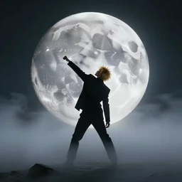a man with gold hair punching through the moon, wanderer above the sea of fog, cyberpunk, romanticism