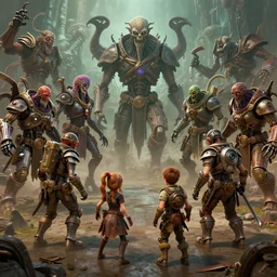 steampunk family fighting a horde of crazy cyborg lovecraftian gods, 3d scene, render, ultra realistic, zenith view, Greg Rutkowski, artstation, cgsociety, unreal engine, ray racing, detailed illustration, hd, 4k, digital art, overdetailed art, concept art, complementing colors, Trending on artstation, deviantart