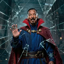 snoop dogg as doctor strange, multiple dimensions, shattered glass, refractions, highly detailed, environmental light, cinematic by francis tneh