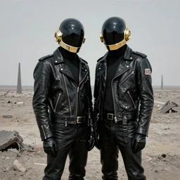 album art beautiful portrait of daft punk's electroma, daft punk wearing leather jackets, standing together in a desolate wasteland, painted by zdzislaw beksinski