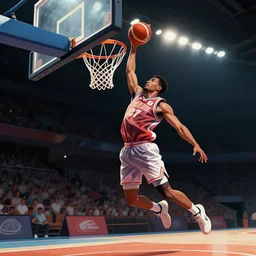 basketball player dunking the ball into a basketball hoop, digital art
