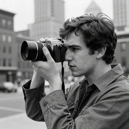 young male taking photographs in pittsburgh real life, black and white, 1 9 7 0 s, 8 k, 4 k uhd, realistic, hyper realistic, super detailed, very detailed, detailed