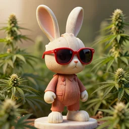 rabbit groot as marble statue, big sunglasses, red colors, in marijuanas gardens, soft surface texture, very realistic 3 d render, soft sun lights, 4 k, high detailed photography result, 5 0 mm lens, rich deep colors, smooth gradients, depth of field, cinematic, hyper realism, high detail, octane render, unreal engine, 8 k, vibrant colors