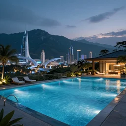 Resort pool during midnight, with the mountains and futurisitc city in the background, science fiction matte painting, highly detailed,